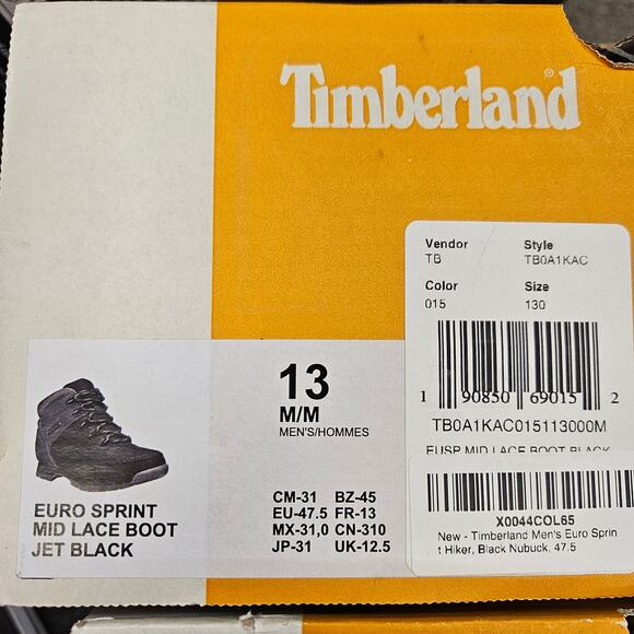 TIMBERLAND MEN\'S 13 EURO SPRINT MID LACE BOOT JET BLACK NUBUCK NIB main image 5